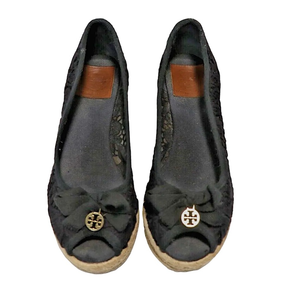 Tory Burch Women's 7.5 Jackie Black Lace Crochet Espadrilles Wedges, Shoes